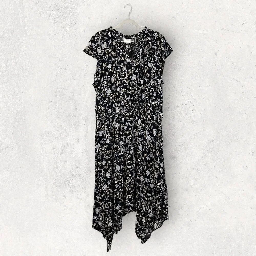 NWT Knox Rose Midi Dress Black Floral Print Tie Neck Smocked Waist, Size 2X
